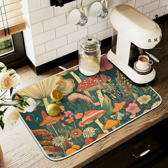 Yayeee Dish Drying Mat for Kitchen Counter 18" x 24" Microfiber Super Absorbent Coffee Decorative Pad, Floral Mushroom