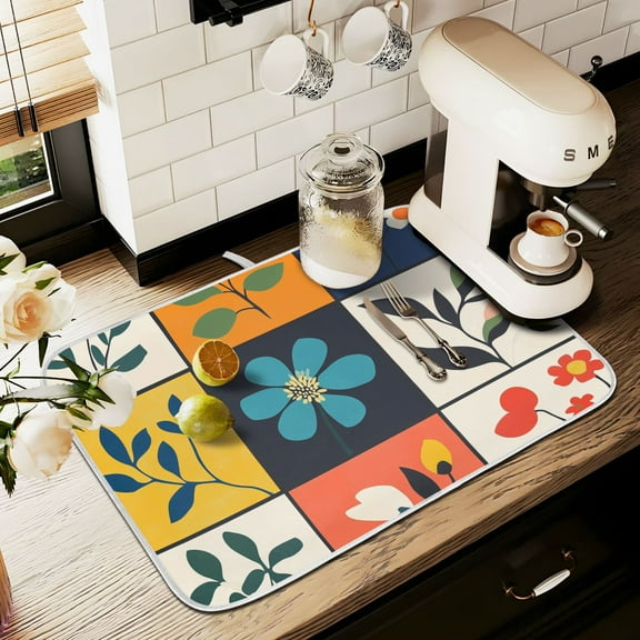 Yayeee Drying Mat for Kitchen Counter Dishes Microfiber Coffee Decorative Pad, Floral Patterns