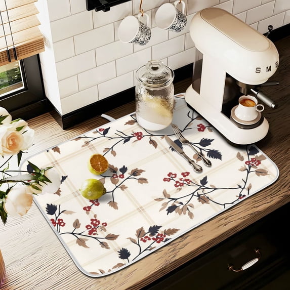 Yayeee Dish Drying Mat for Kitchen Counter 18" x 24" Microfiber Super Absorbent Coffee Decorative Pad, Floral Plaid