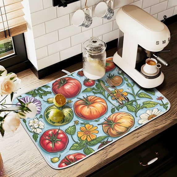 Yayeee Dish Drying Mat for Kitchen Counter 16" x 18" Microfiber Super Absorbent Coffee Decorative Pad, Floral Tomatoes