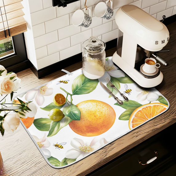 Yayeee Dish Drying Mat for Kitchen Counter 16" x 18" Microfiber Super Absorbent Coffee Decorative Pad, Floral Watercolor Oranges