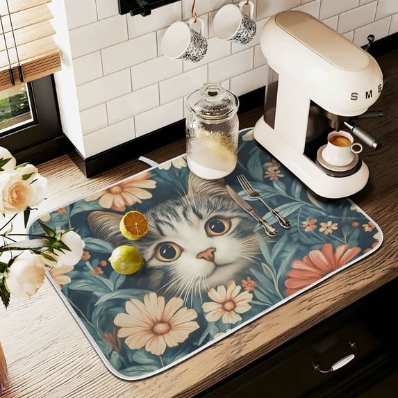 Yayeee Dish Drying Mat for Kitchen Counter 16" x 18" Microfiber Super Absorbent Coffee Decorative Pad, Flowers Cat