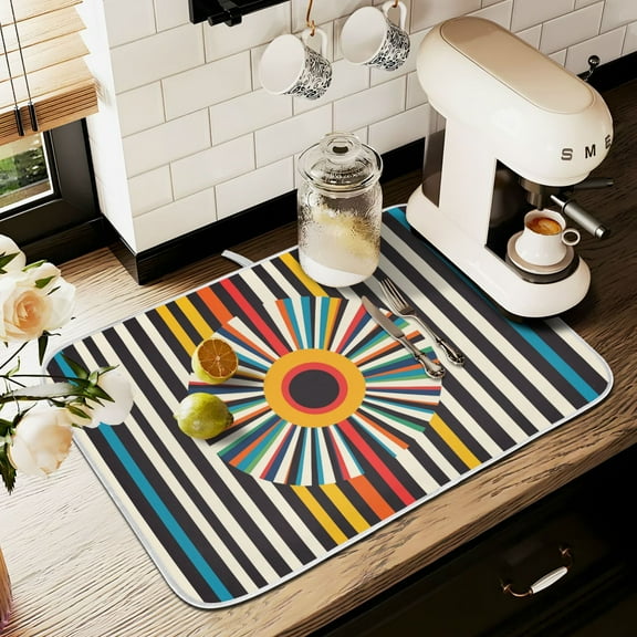 Yayeee Drying Mat for Kitchen Counter Dishes Microfiber Coffee Decorative Pad, Geometric Stripes