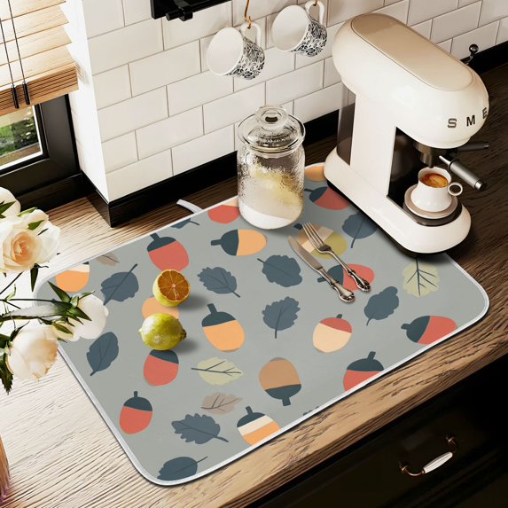 Yayeee Dish Drying Mat for Kitchen Counter 16" x 18" Microfiber Super Absorbent Coffee Decorative Pad, Gray Acorns Pattern