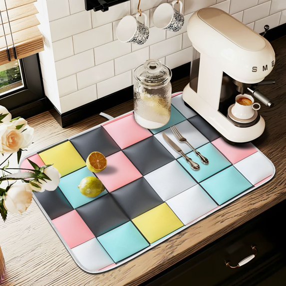Yayeee Dish Drying Mat for Kitchen Counter 16" x 18" Microfiber Super Absorbent Coffee Decorative Pad, Gray Checkered Pattern