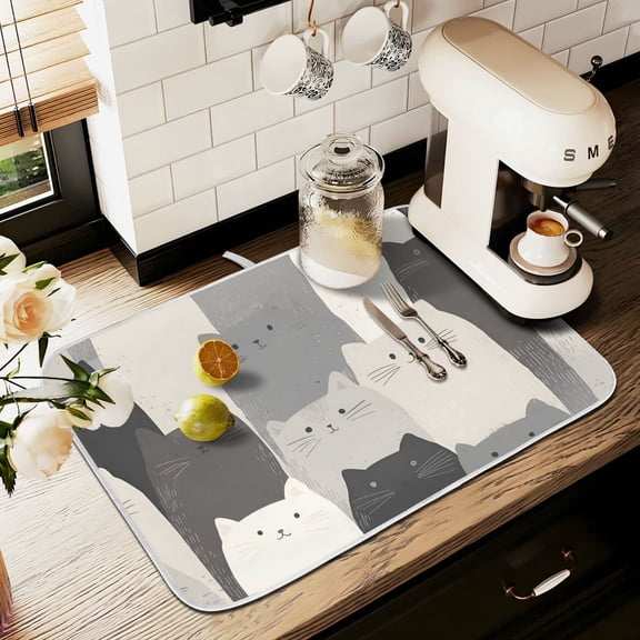 Yayeee Dish Drying Mat for Kitchen Counter 18" x 24" Microfiber Super Absorbent Coffee Decorative Pad, Gray Cute Cats