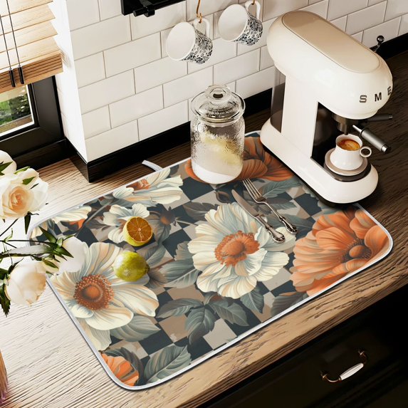 Yayeee Dish Drying Mat for Kitchen Counter 18" x 24" Microfiber Super Absorbent Coffee Decorative Pad, Gray Floral Pattern