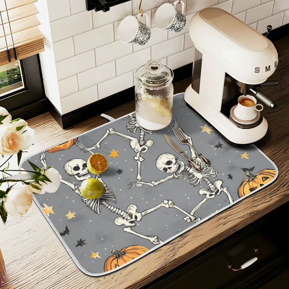 Yayeee Dish Drying Mat for Kitchen Counter 16" x 18" Microfiber Super Absorbent Coffee Decorative Pad, Gray Halloween Dancing
