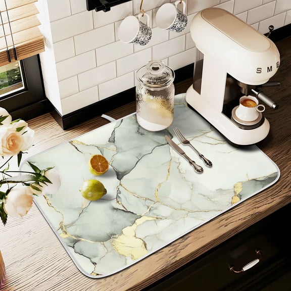 Yayeee Dish Drying Mat for Kitchen Counter 16" x 18" Microfiber Super Absorbent Coffee Decorative Pad, Gray Marble Pattern