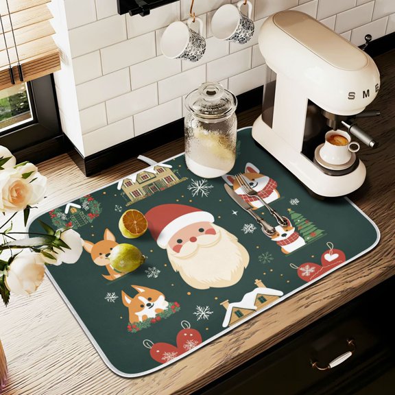 Yayeee Dish Drying Mat for Kitchen Counter 18" x 24" Microfiber Super Absorbent Coffee Decorative Pad, Green Christmas