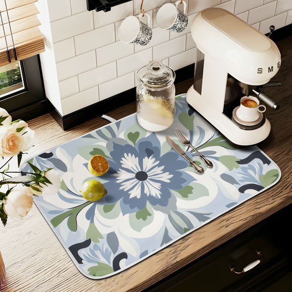 Yayeee Dish Drying Mat for Kitchen Counter 16" x 18" Microfiber Super Absorbent Coffee Decorative Pad, Green Floral