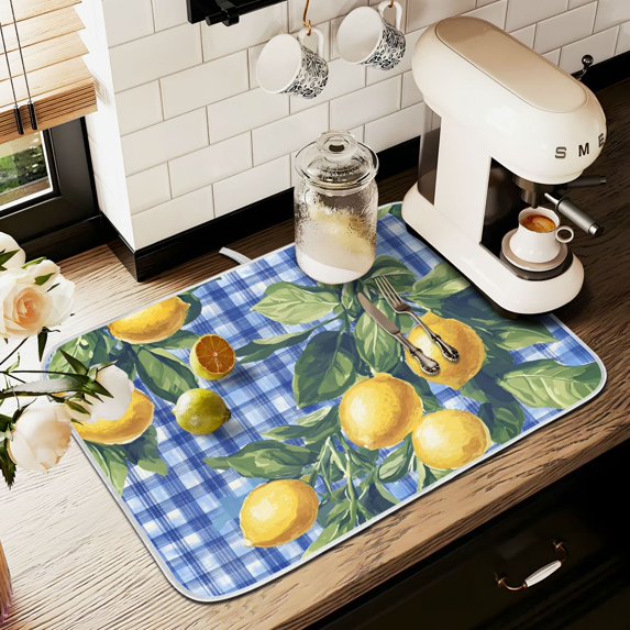 Yayeee Dish Drying Mat for Kitchen Counter 16" x 18" Microfiber Super Absorbent Coffee Decorative Pad, Green Lemon Plaid