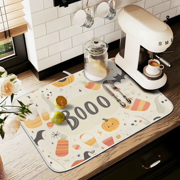 Yayeee Dish Drying Mat for Kitchen Counter 18" x 24" Microfiber Super Absorbent Coffee Decorative Pad, Halloween Cute Pumpkins
