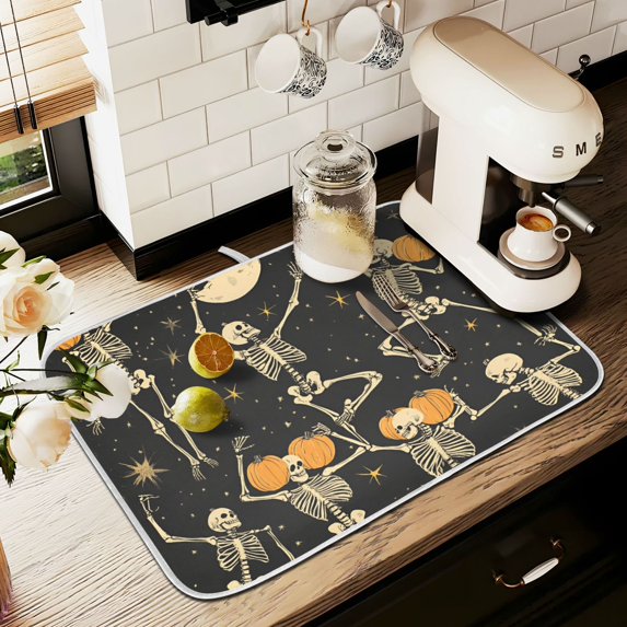Yayeee Dish Drying Mat for Kitchen Counter 18" x 24" Microfiber Super Absorbent Coffee Decorative Pad, Halloween Dancing