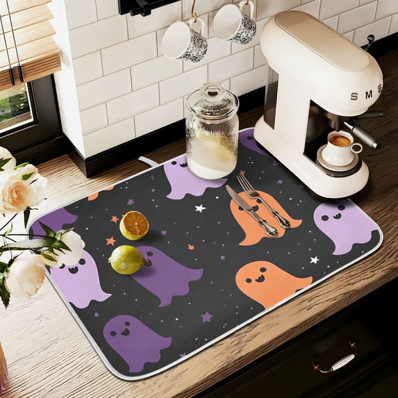 Yayeee Dish Drying Mat for Kitchen Counter 18" x 24" Microfiber Super Absorbent Coffee Decorative Pad, Halloween Orange Ghosts