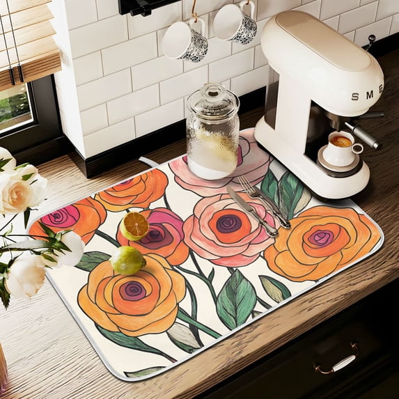 Yayeee Dish Drying Mat for Kitchen Counter 18" x 24" Microfiber Super Absorbent Coffee Decorative Pad, Hand Drawn Floral