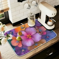 Yayeee Drying Mat for Kitchen Counter Dishes Microfiber Coffee Decorative Pad, Large Purple Flowers