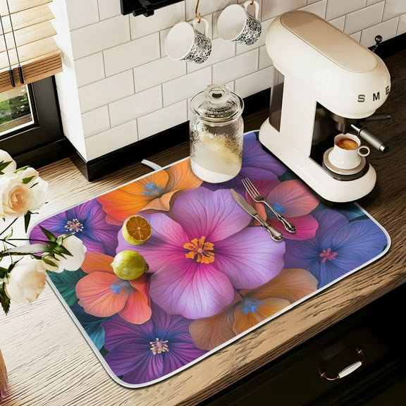 Yayeee Drying Mat for Kitchen Counter Dishes Microfiber Coffee Decorative Pad, Large Purple Flowers