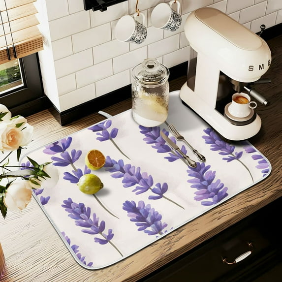Yayeee Dish Drying Mat for Kitchen Counter 16" x 18" Microfiber Super Absorbent Coffee Decorative Pad, Lavender Pattern