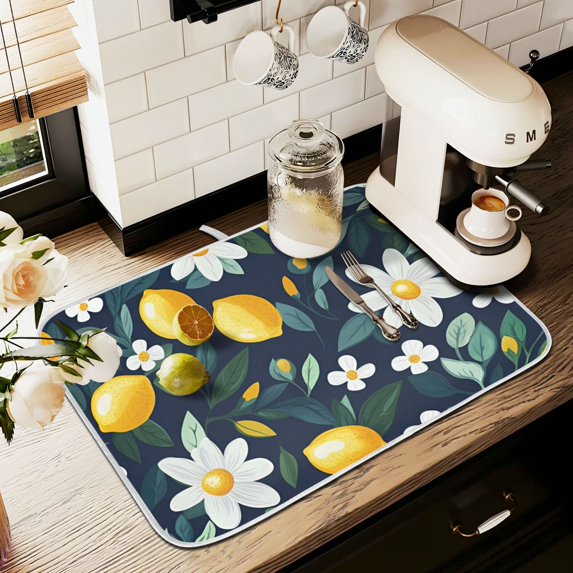 Yayeee Dish Drying Mat for Kitchen Counter 18" x 24" Microfiber Super Absorbent Coffee Decorative Pad, Lemon Flowers