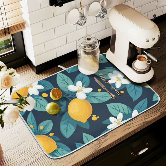 Yayeee Dish Drying Mat for Kitchen Counter 16" x 18" Microfiber Super Absorbent Coffee Decorative Pad, Lemon Leaves