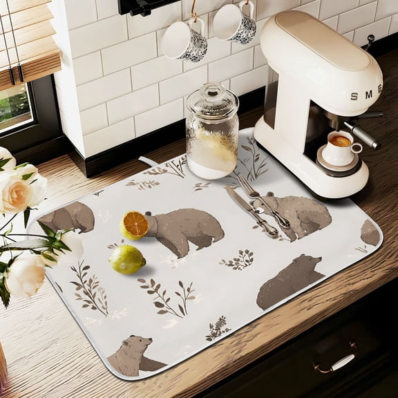 Yayeee Dish Drying Mat for Kitchen Counter 16" x 18" Microfiber Super Absorbent Coffee Decorative Pad, Light Gray Bears