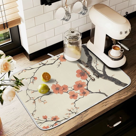 Yayeee Dish Drying Mat for Kitchen Counter 16" x 18" Microfiber Super Absorbent Coffee Decorative Pad, Light Red Flowers