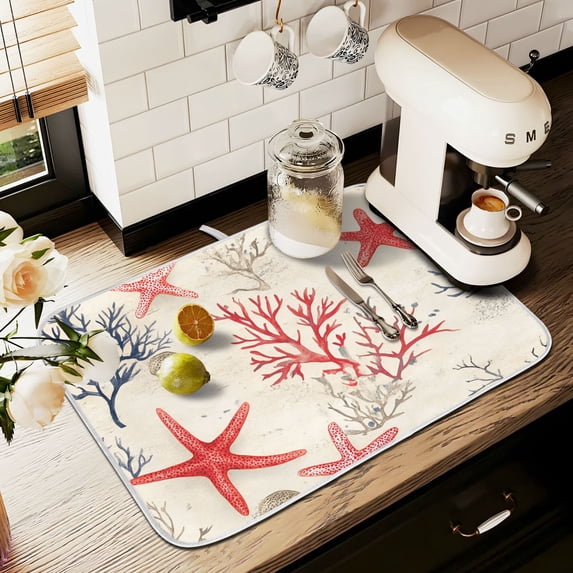 Yayeee Dish Drying Mat for Kitchen Counter 18" x 24" Microfiber Super Absorbent Coffee Decorative Pad, Light Red Starfish