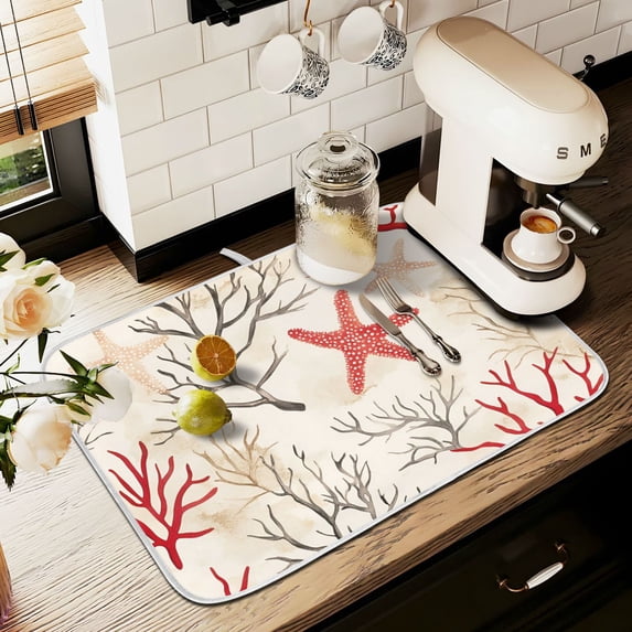 Yayeee Dish Drying Mat for Kitchen Counter 16" x 18" Microfiber Super Absorbent Coffee Decorative Pad, Light Starfish