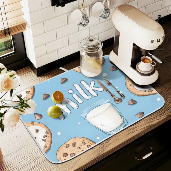 Yayeee Dish Drying Mat for Kitchen Counter 18" x 24" Microfiber Super Absorbent Coffee Decorative Pad, Milk and Cookies