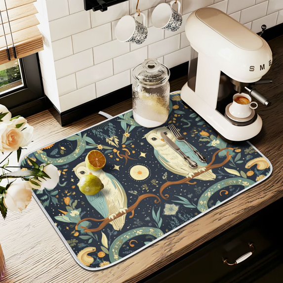Yayeee Dish Drying Mat for Kitchen Counter 16" x 18" Microfiber Super Absorbent Coffee Decorative Pad, Mystical Owls Pattern