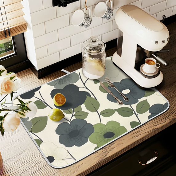 Yayeee Dish Drying Mat for Kitchen Counter 16" x 18" Microfiber Super Absorbent Coffee Decorative Pad, Navy Flower