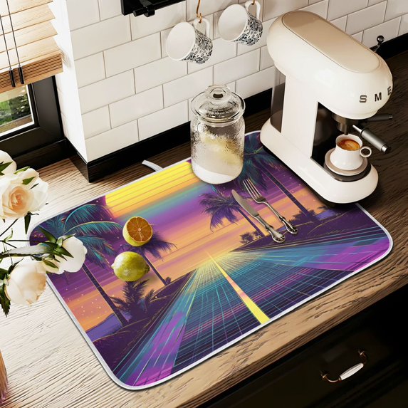 Yayeee Dish Drying Mat for Kitchen Counter 18" x 24" Microfiber Super Absorbent Coffee Decorative Pad, Neon Road