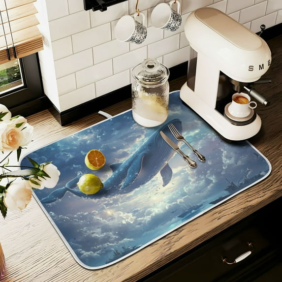 Yayeee Drying Mat for Kitchen Counter Dishes Microfiber Coffee Decorative Pad, Night Floating Whale