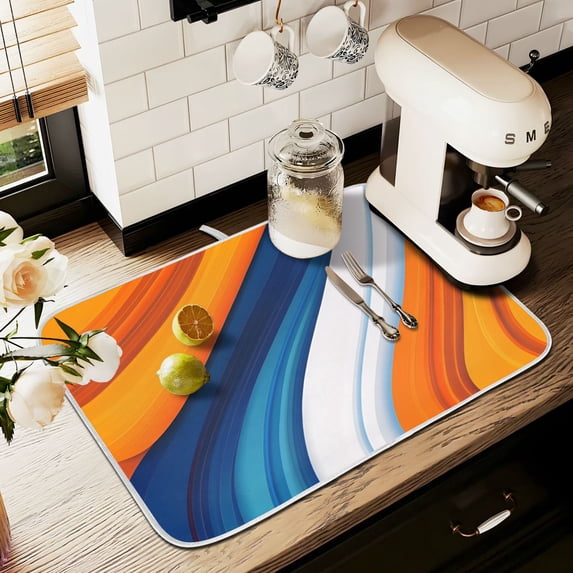 Yayeee Dish Drying Mat for Kitchen Counter 18" x 24" Microfiber Super Absorbent Coffee Decorative Pad, Orange Abstract Wavy