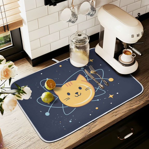 Yayeee Dish Drying Mat for Kitchen Counter 16" x 18" Microfiber Super Absorbent Coffee Decorative Pad, Orange Cat Planet