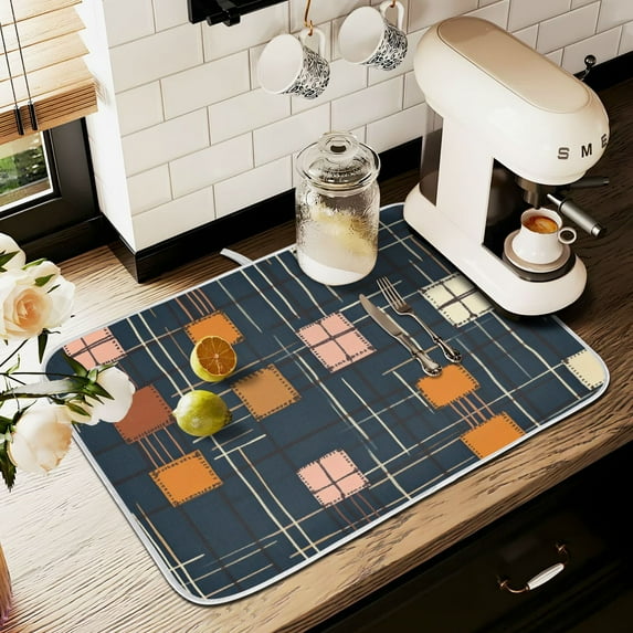 Yayeee Dish Drying Mat for Kitchen Counter 16" x 18" Microfiber Super Absorbent Coffee Decorative Pad, Orange Checkered Pattern