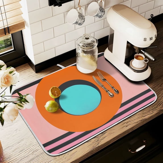 Yayeee Dish Drying Mat for Kitchen Counter 16" x 18" Microfiber Super Absorbent Coffee Decorative Pad, Orange Circle