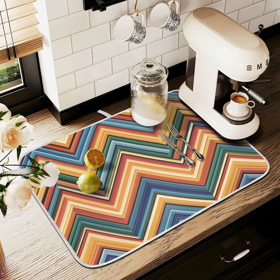 Yayeee Dish Drying Mat for Kitchen Counter 18" x 24" Microfiber Super Absorbent Coffee Decorative Pad, Orange Geometric