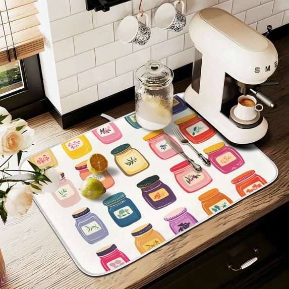 Yayeee Dish Drying Mat for Kitchen Counter 16" x 18" Microfiber Super Absorbent Coffee Decorative Pad, Orange Jar