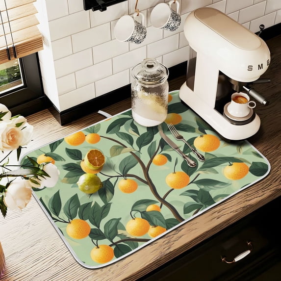 Yayeee Dish Drying Mat for Kitchen Counter 16" x 18" Microfiber Super Absorbent Coffee Decorative Pad, Orange Tree