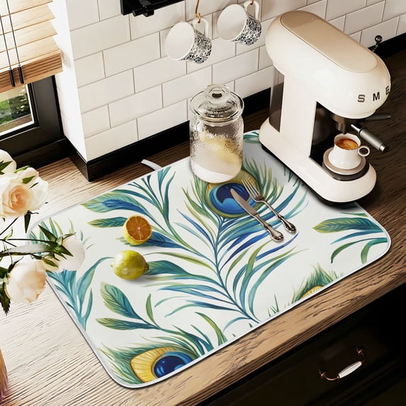 Yayeee Dish Drying Mat for Kitchen Counter 18" x 24" Microfiber Super Absorbent Coffee Decorative Pad, Peacock Feather