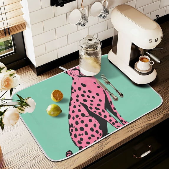 Yayeee Dish Drying Mat for Kitchen Counter 16" x 18" Microfiber Super Absorbent Coffee Decorative Pad, Pink Cheetah