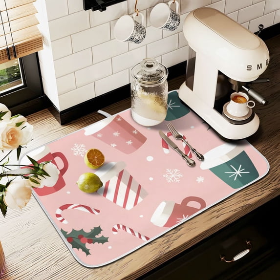 Yayeee Dish Drying Mat for Kitchen Counter 16" x 18" Microfiber Super Absorbent Coffee Decorative Pad, Pink Christmas Cups
