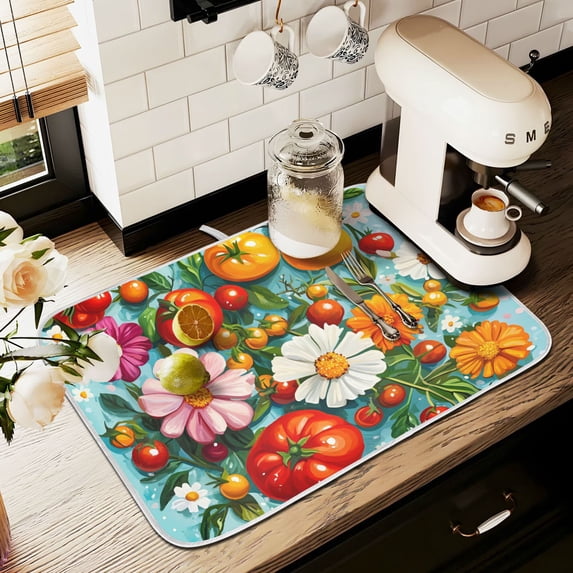 Yayeee Dish Drying Mat for Kitchen Counter 16" x 18" Microfiber Super Absorbent Coffee Decorative Pad, Pink Floral Tomatoes