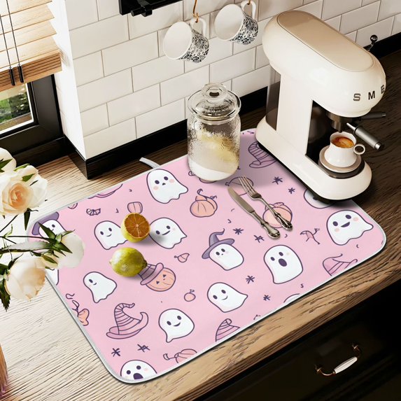Yayeee Dish Drying Mat for Kitchen Counter 18" x 24" Microfiber Super Absorbent Coffee Decorative Pad, Pink Halloween