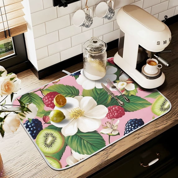 Yayeee Dish Drying Mat for Kitchen Counter 18" x 24" Microfiber Super Absorbent Coffee Decorative Pad, Pink Raspberries