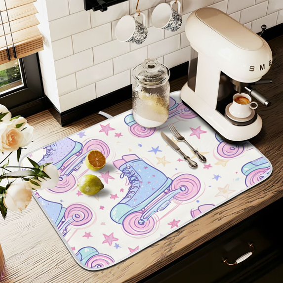 Yayeee Dish Drying Mat for Kitchen Counter 16" x 18" Microfiber Super Absorbent Coffee Decorative Pad, Pink Skates