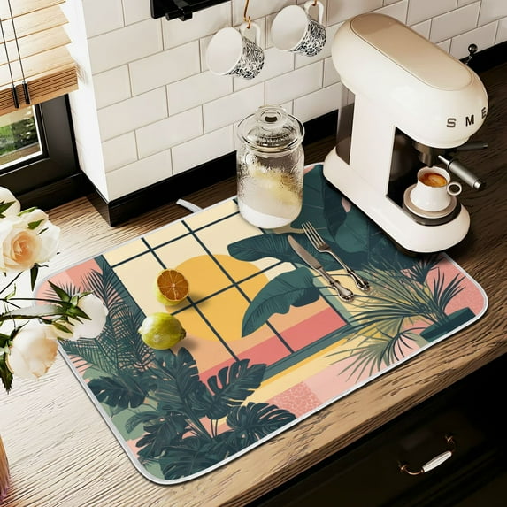 Yayeee Dish Drying Mat for Kitchen Counter 18" x 24" Microfiber Super Absorbent Coffee Decorative Pad, Pink Sunset