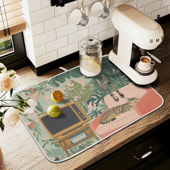 Yayeee Dish Drying Mat for Kitchen Counter 16" x 18" Microfiber Super Absorbent Coffee Decorative Pad, Pink and Green Cat